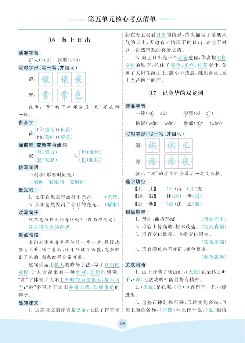 四年级语文下册第五单元核心考点清单-知识笔记