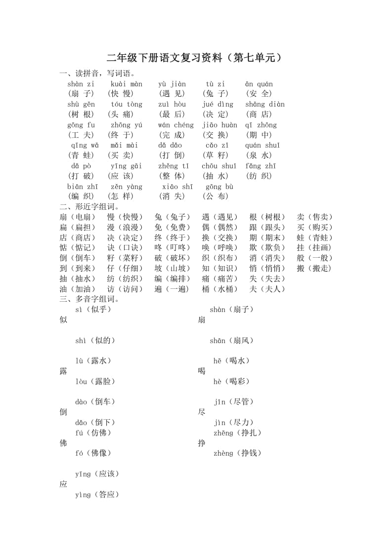 二年级语文下册第七单元复习资料-知识笔记