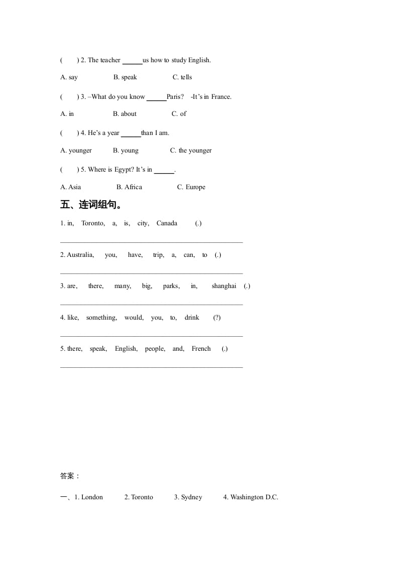 图片[2]-六年级英语上册Unit2AroundtheWorldLesson1同步练习3（人教版一起点）-知识笔记