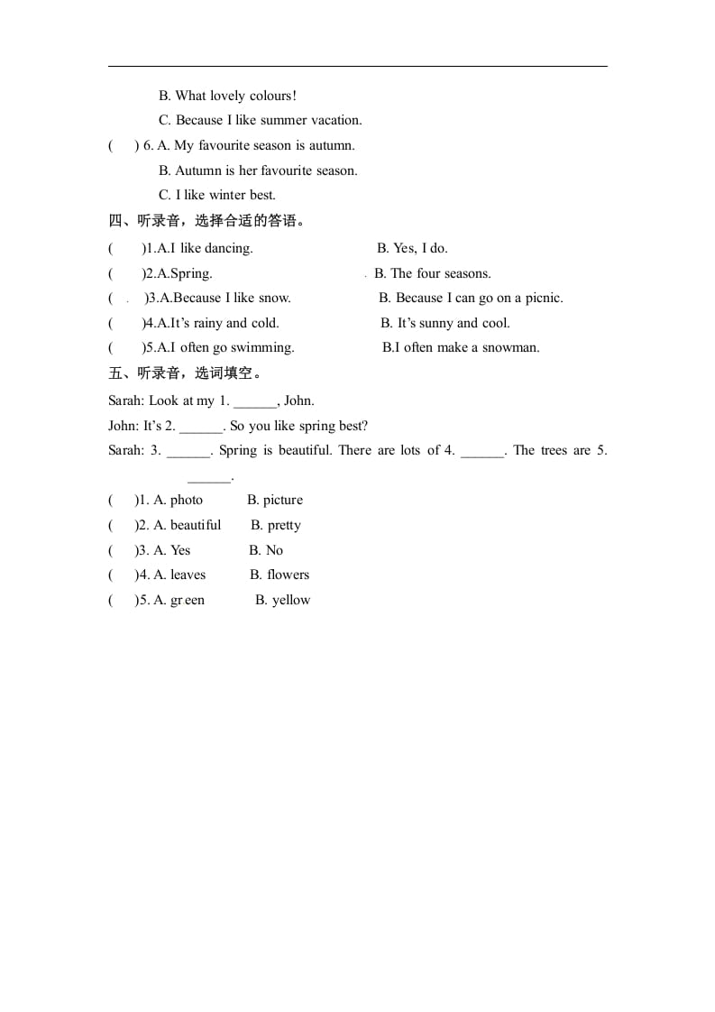 图片[2]-五年级数学下册英语同步听力训练-Unit2MyfavouriteseasonPartB人教PEP版-知识笔记