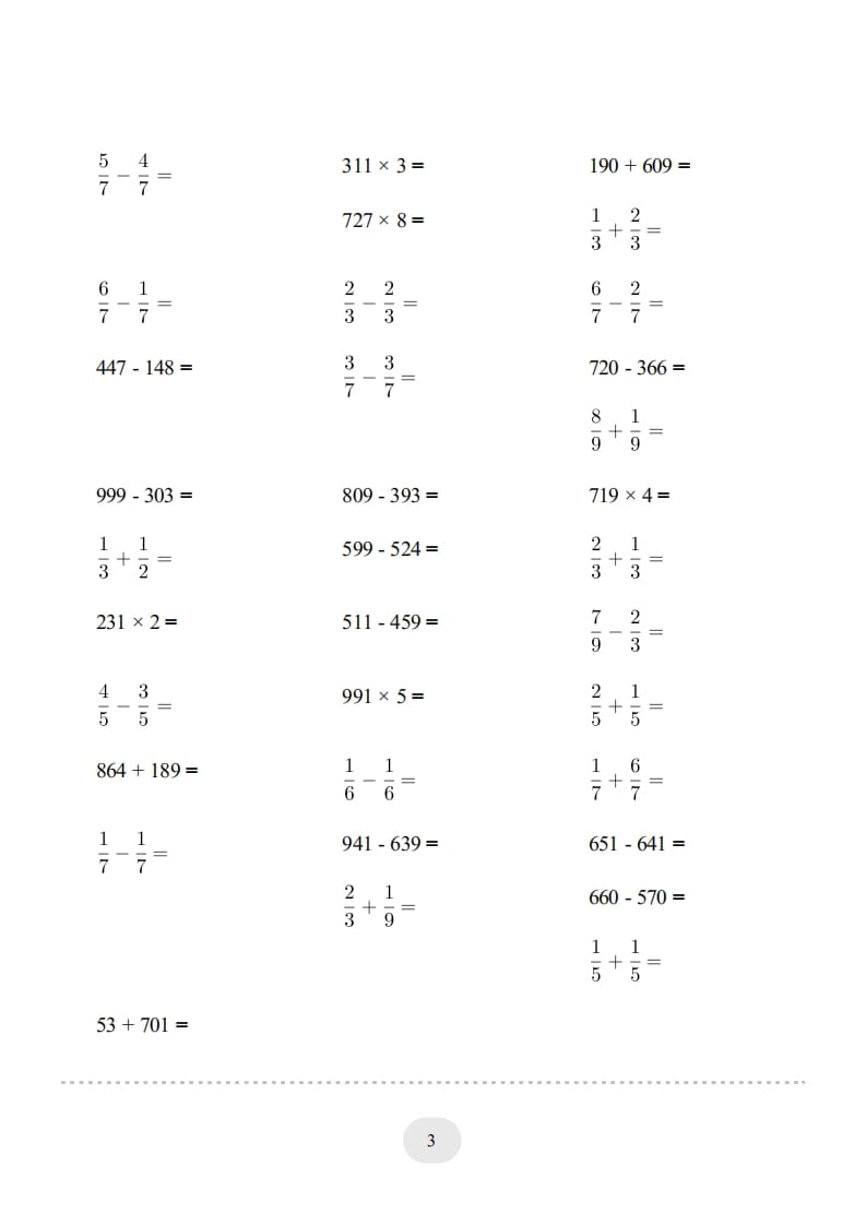 图片[3]-三年级数学上册口算题(【总复习】)1000题（人教版）-知识笔记