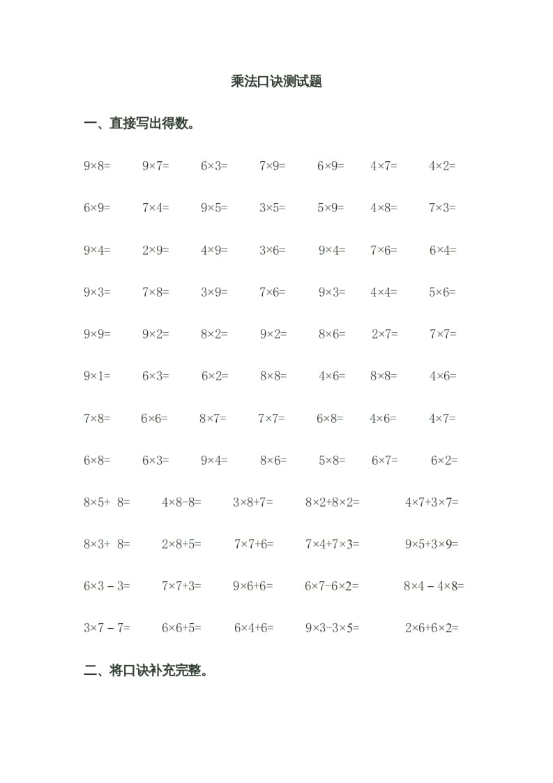 二年级数学上册乘法口诀测试题（苏教版）-知识笔记