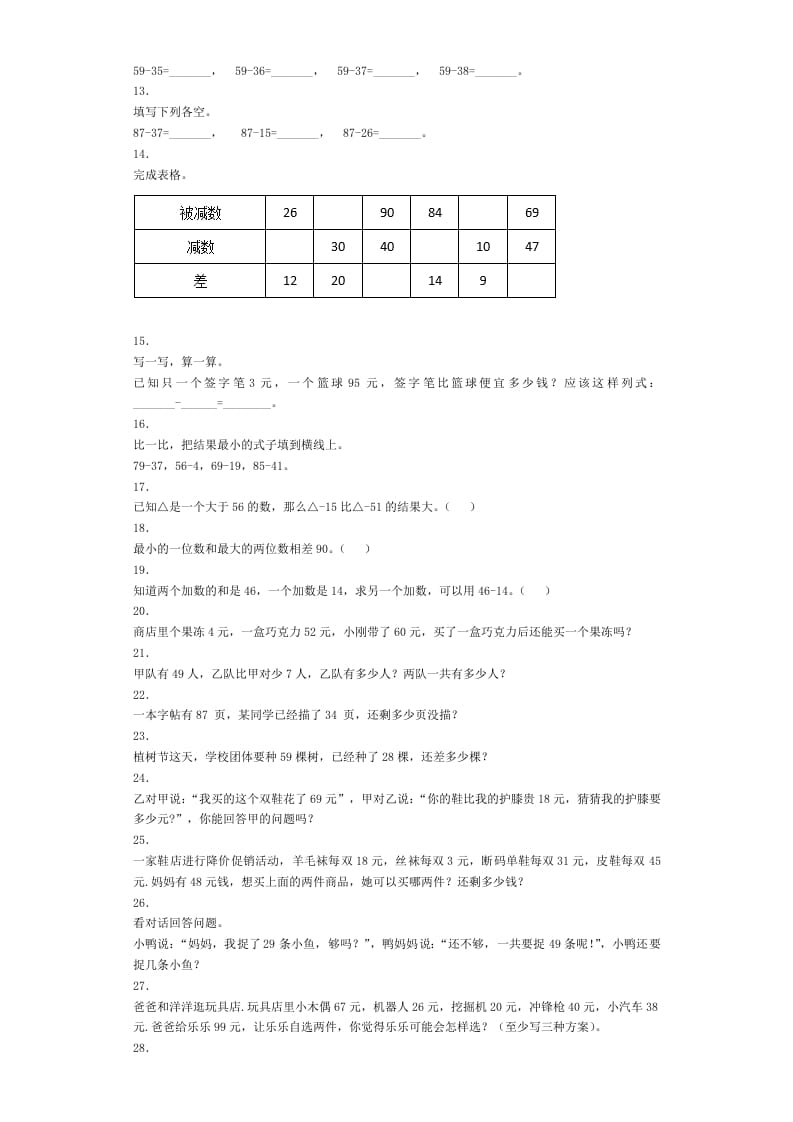 图片[2]-二年级数学上册同步练习-不退位减-秋（人教版）-知识笔记