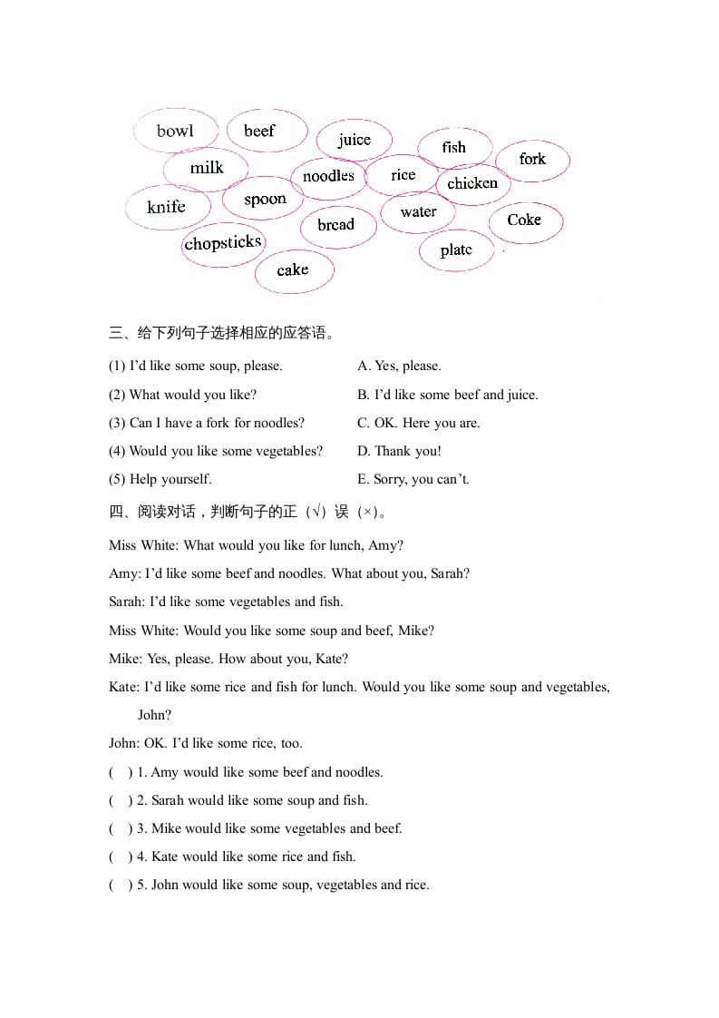 图片[2]-四年级英语上册Unit5_B_阶段训练（人教版一起点）-知识笔记