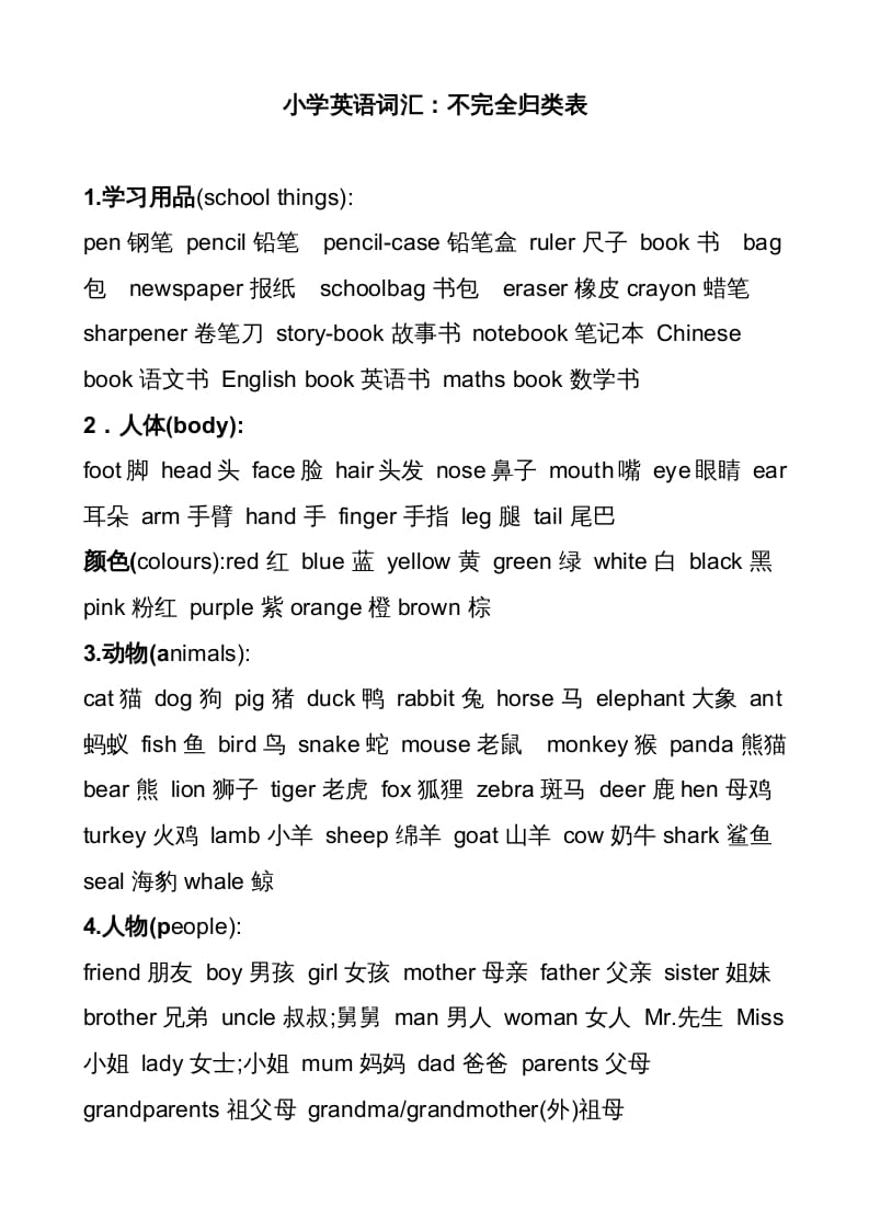 六年级英语上册不完全词汇归类表（人教版PEP）-知识笔记