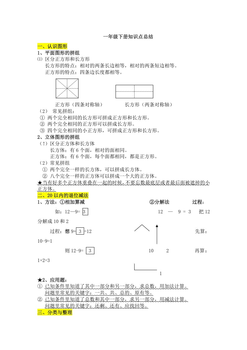 一年级数学下册知识点总结-知识笔记