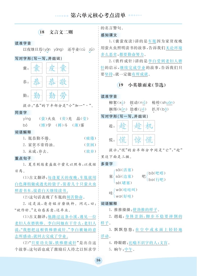 四年级语文下册第六单元核心考点清单-知识笔记