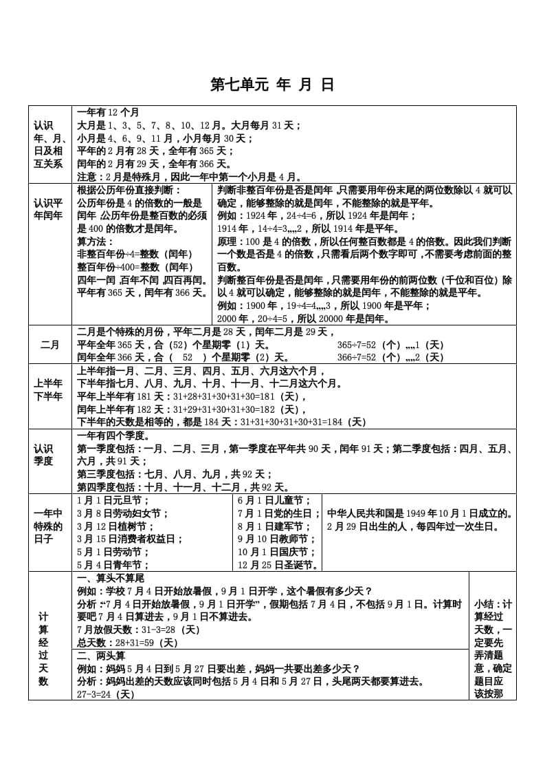 三年级数学上册第七单元年月日（北师大版）-知识笔记