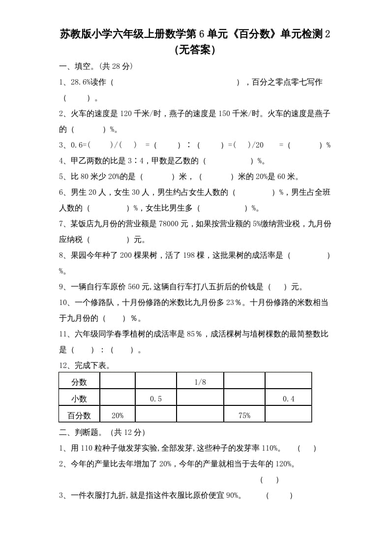 六年级数学上册第6单元《百分数》单元检测2（无答案）（苏教版）-知识笔记