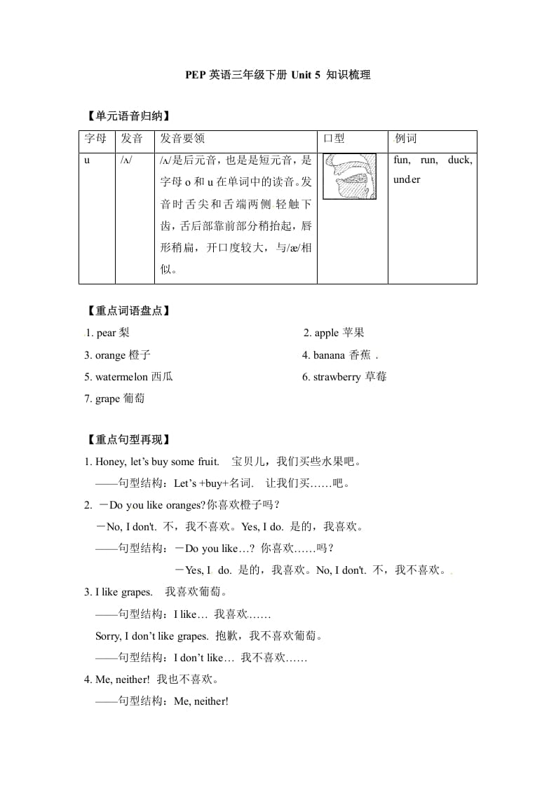 三年级英语下册单元知识梳理-Unit5Doyoulikepears人教PEP-知识笔记