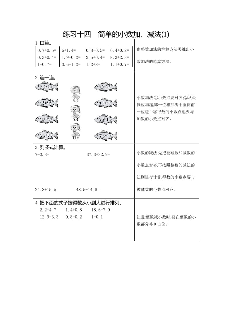 三年级数学下册14练习十四简单的小数加、减法（1）-知识笔记
