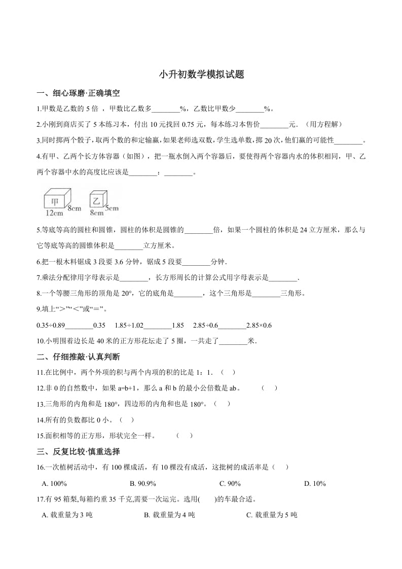 六年级数学下册小升初模拟试题（25）苏教版（含解析）-知识笔记