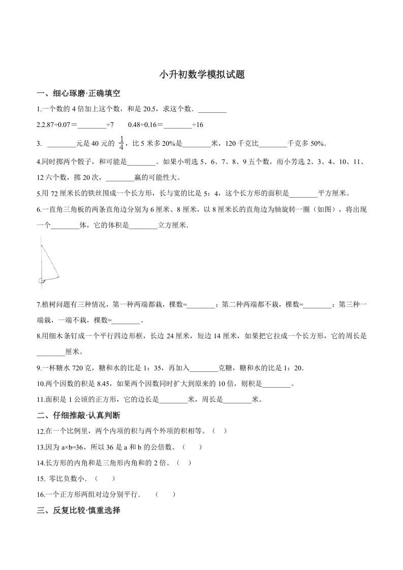 六年级数学下册小升初模拟试题（19）苏教版（含解析）-知识笔记
