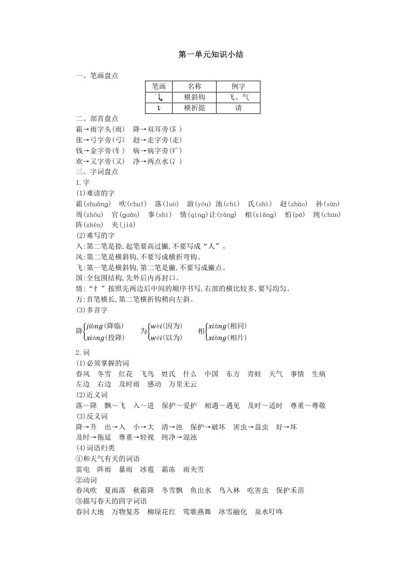 一年级语文下册第一单元知识小结-知识笔记