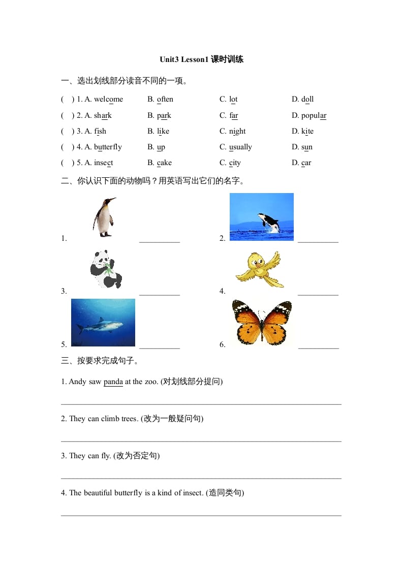 六年级英语上册Unit3_Lesson1课时训练（人教版一起点）-知识笔记