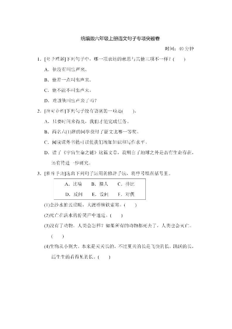 六年级语文上册句子专项练习（部编版）-知识笔记