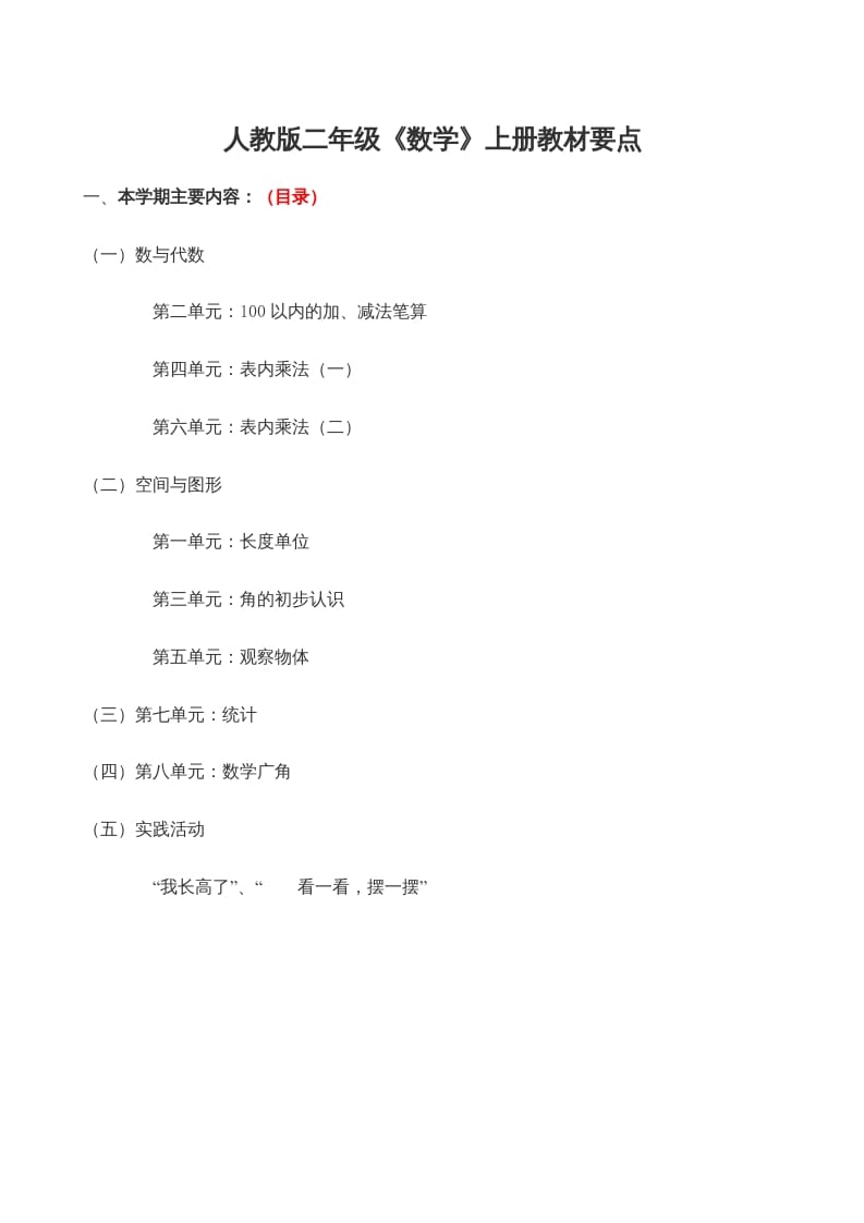 二年级数学上册学期知识点8页（人教版）-知识笔记