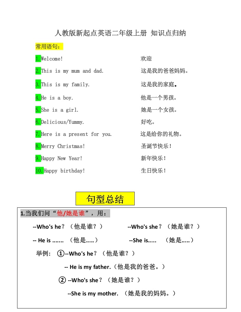 二年级英语上册知识点汇总（人教版一起点）-知识笔记