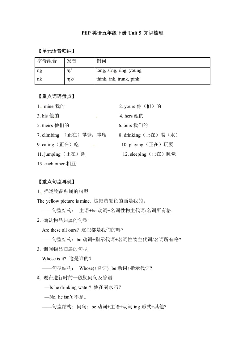五年级数学下册英语单元知识梳理-Unit5Whosedogisit人教PEP-知识笔记