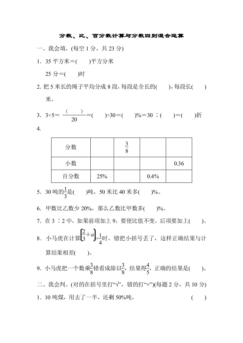 六年级数学上册专项复习卷2（苏教版）-知识笔记