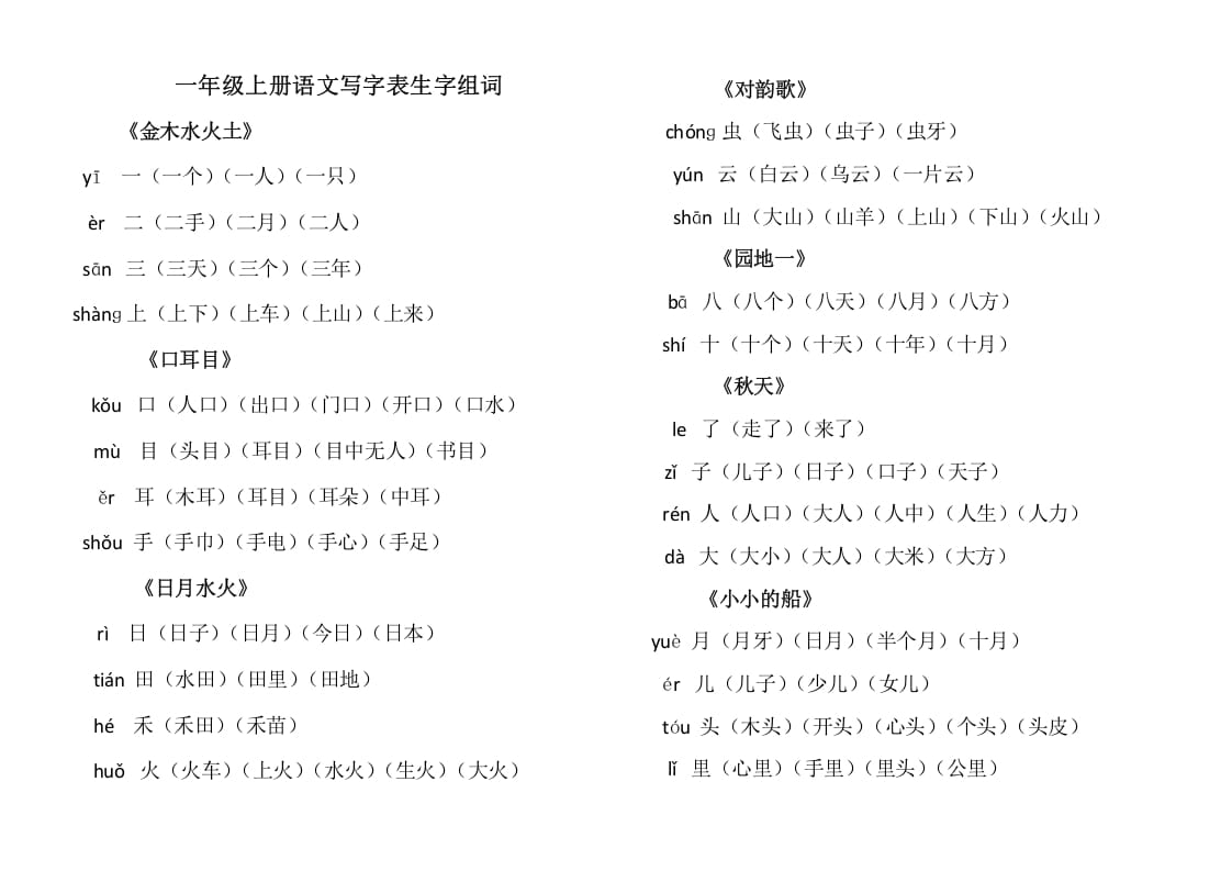 一年级语文上册上写字表生字组词（部编版）-知识笔记