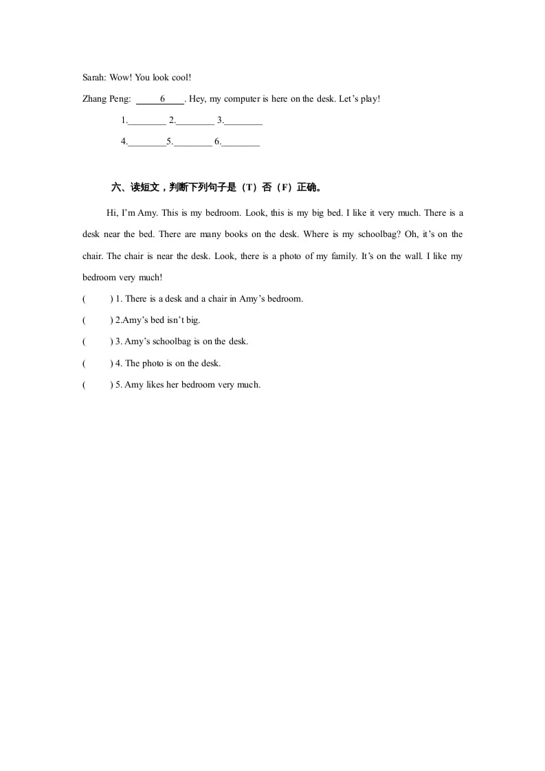 图片[3]-五年级英语上册Unit5Thereisabigbed单元测试（人教版PEP）-知识笔记
