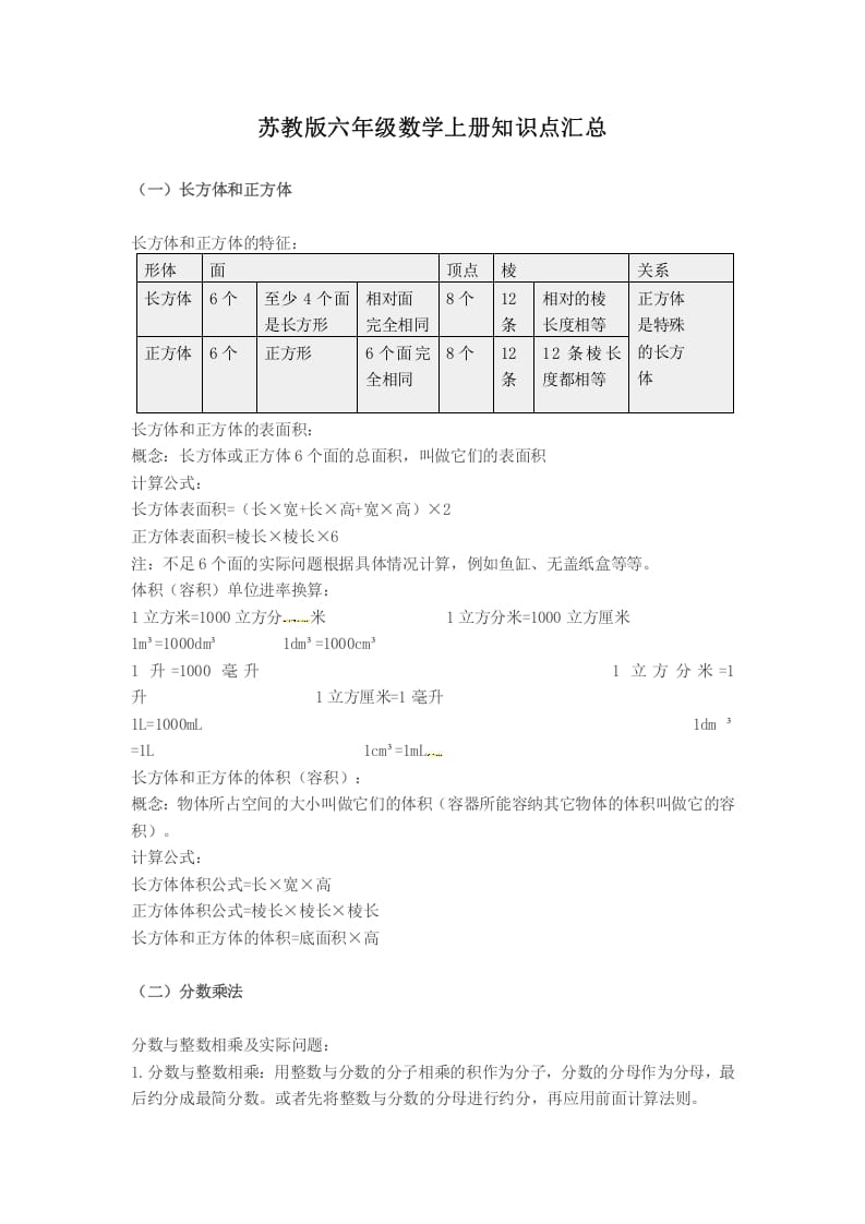六年级数学上册知识点汇总（苏教版）-知识笔记