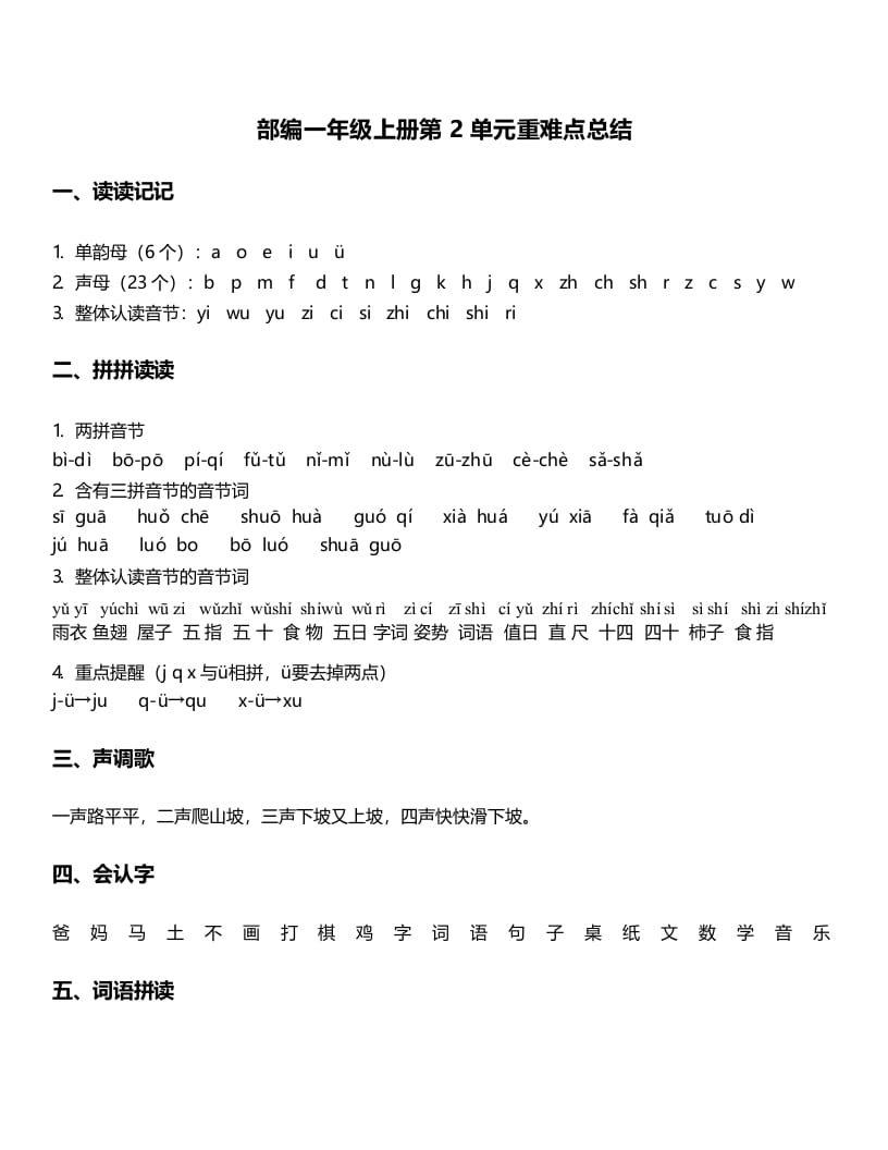 一年级语文上册-第2单元重难点知识总结（部编版）-知识笔记