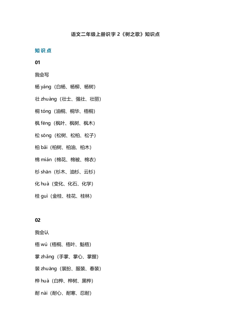 二年级语文上册5识字2《树之歌》知识点（部编）-知识笔记