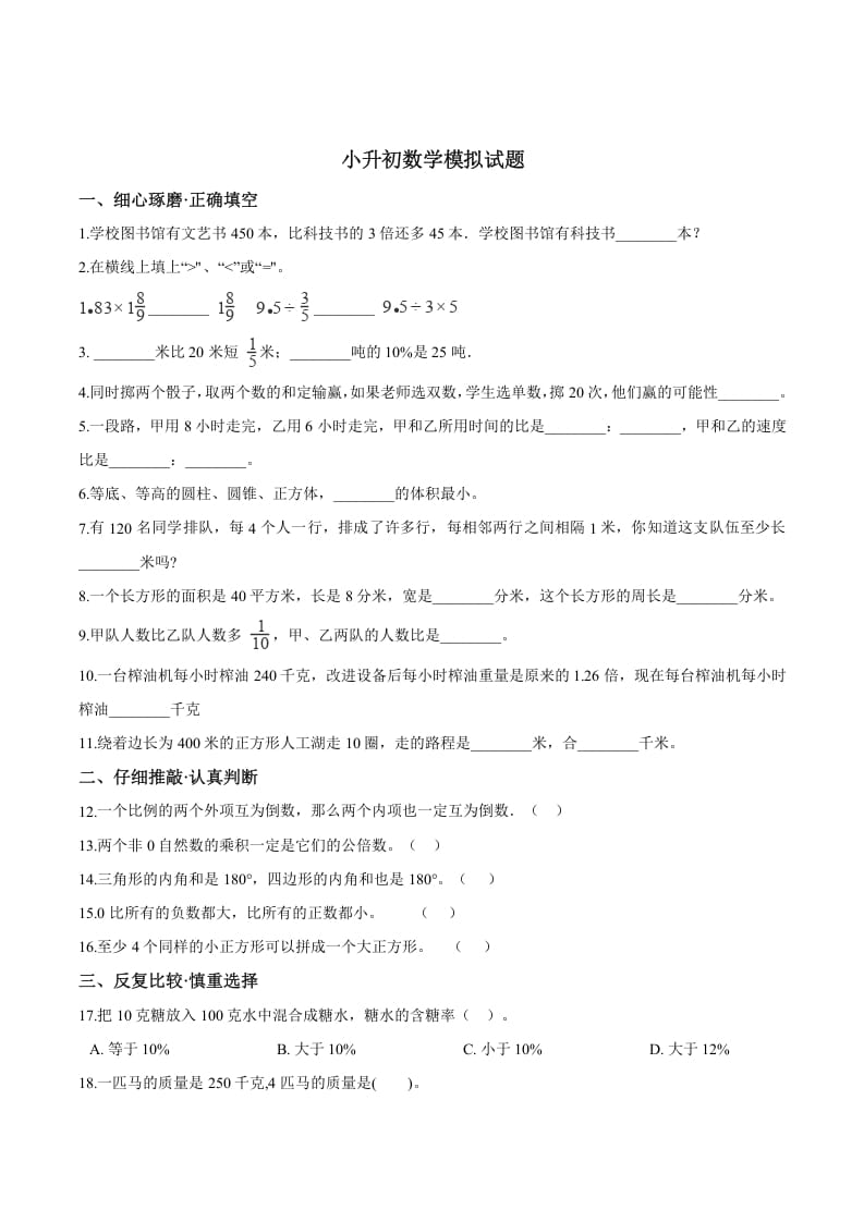六年级数学下册小升初模拟试题（23）苏教版（含解析）-知识笔记