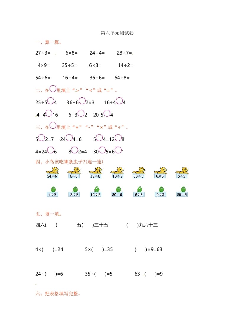 二年级数学上册第6单元测试卷1（苏教版）-知识笔记