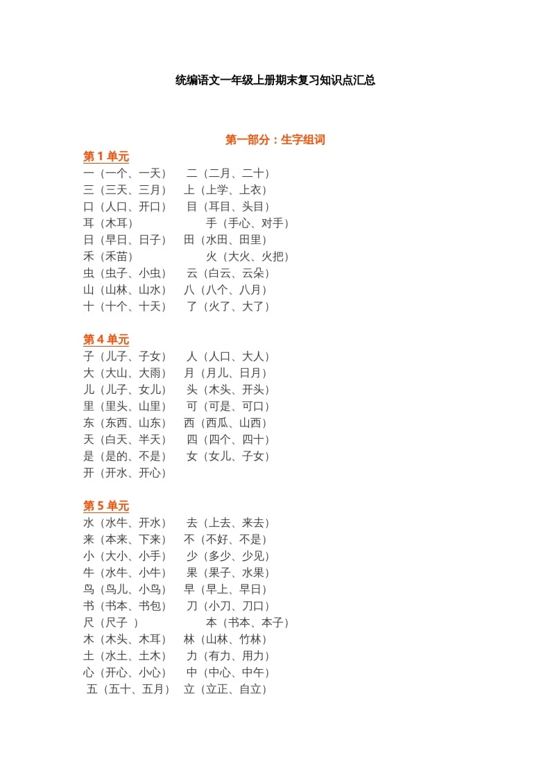 一年级语文上册部编本：统编期末复习知识点汇总（部编版）-知识笔记