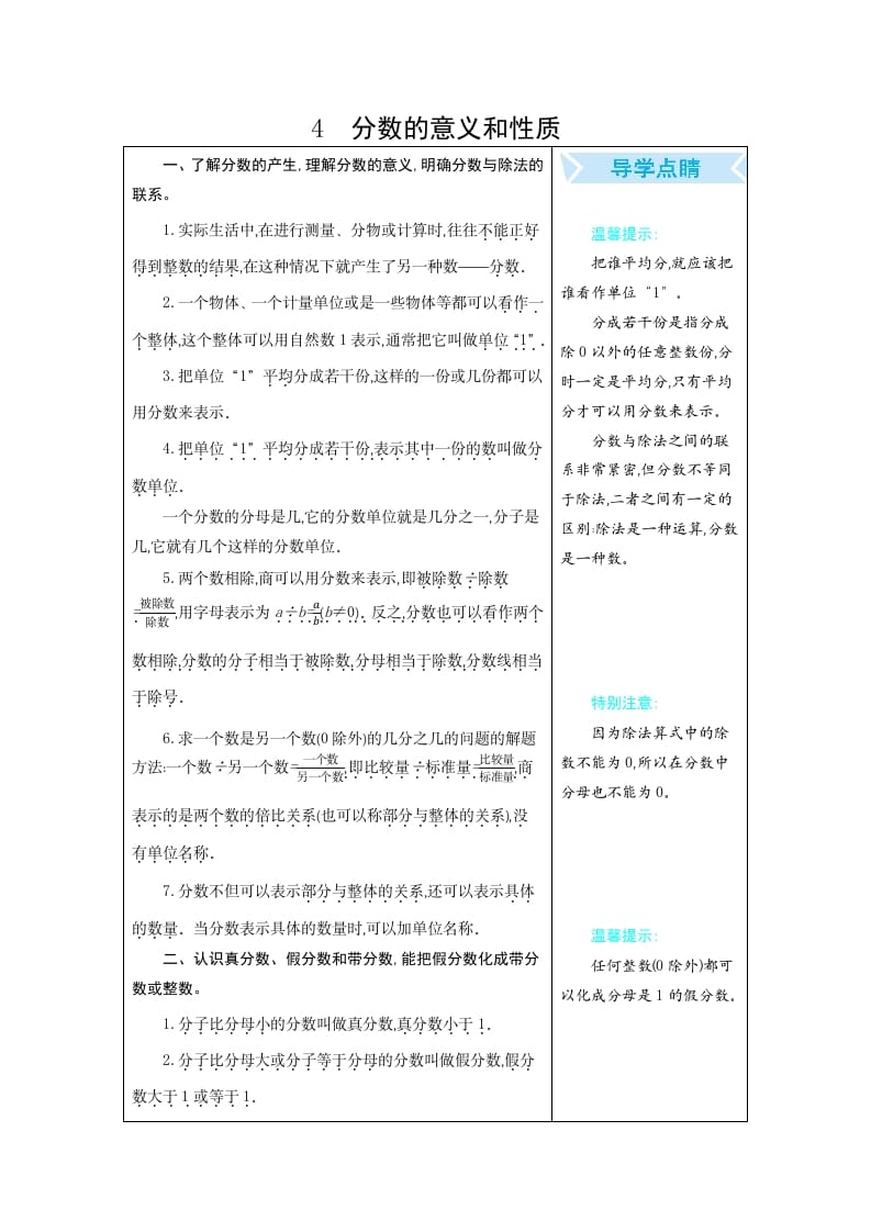 五年级数学下册4分数的意义和性质-知识笔记