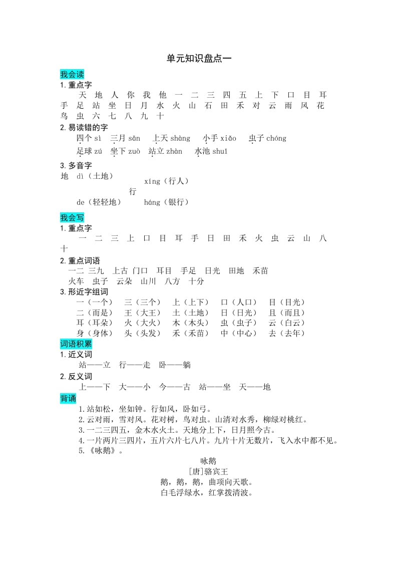 一年级语文上册第单元知识盘点（部编版）-知识笔记