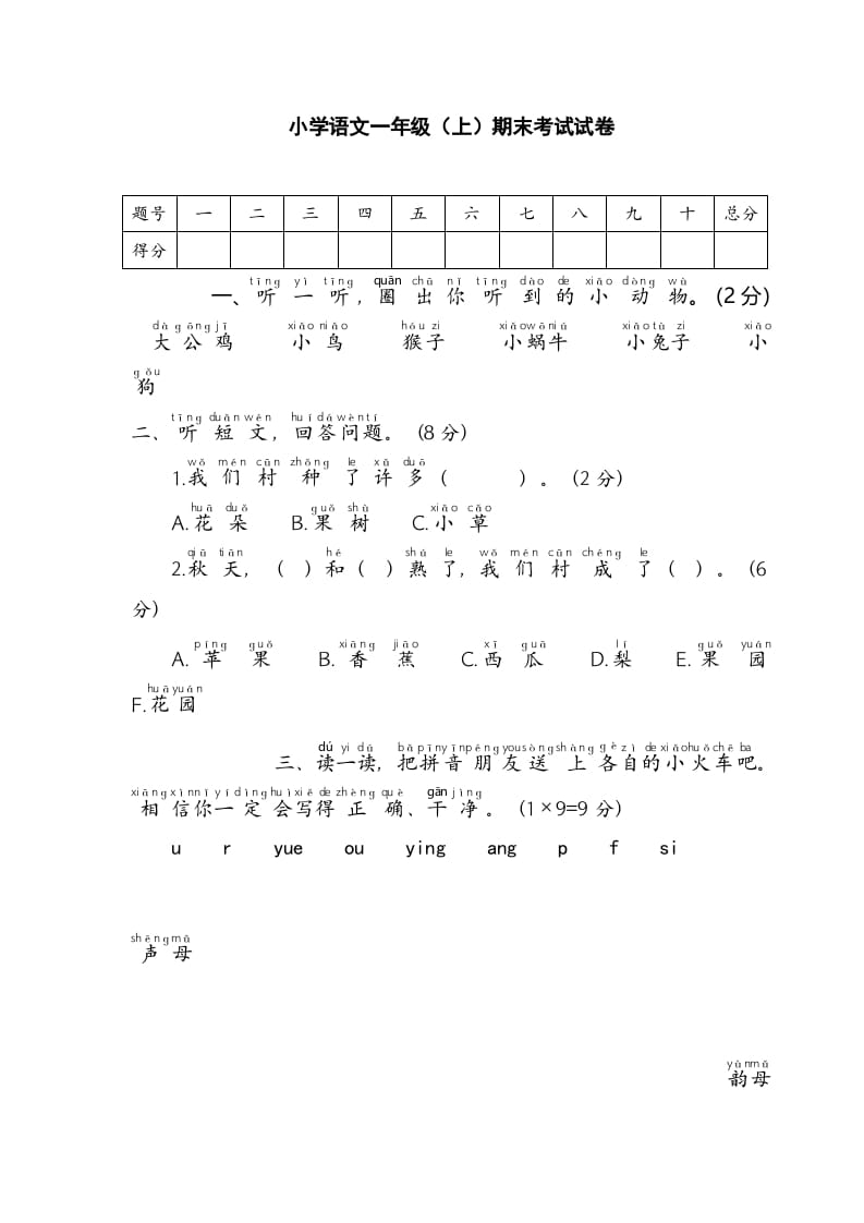 一年级语文上册期末测试(2)（部编版）-知识笔记