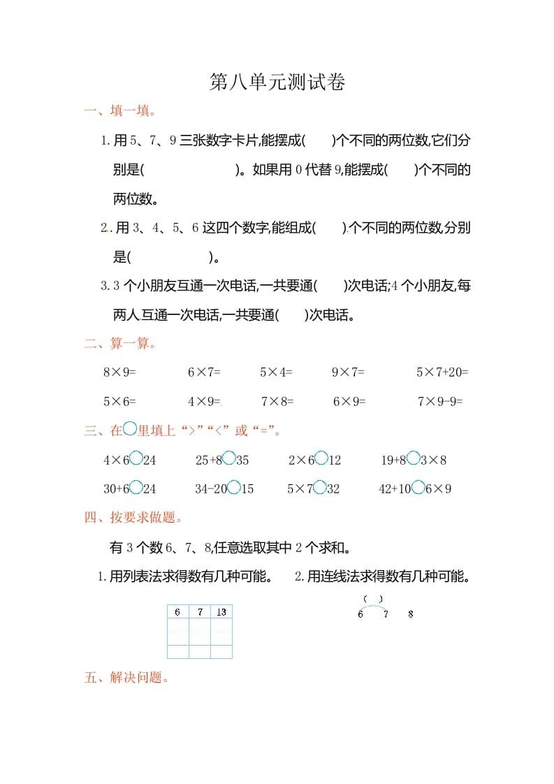 二年级数学上册第8单元测试卷2（人教版）-知识笔记