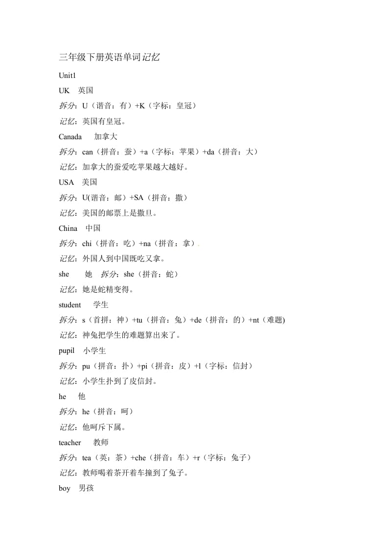 三年级英语下册素材-单词趣味记忆法｜人教（PEP）-知识笔记