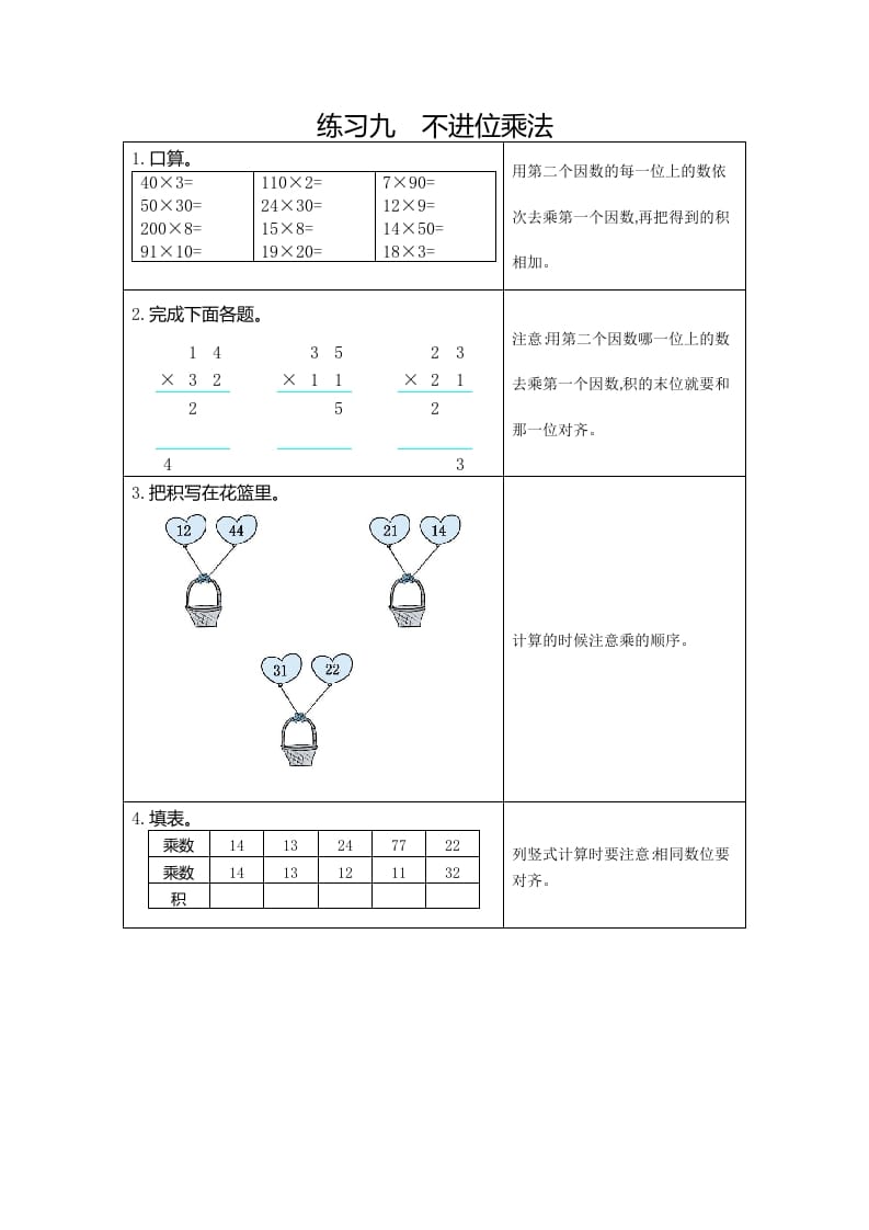 三年级数学下册9练习九不进位乘法-知识笔记