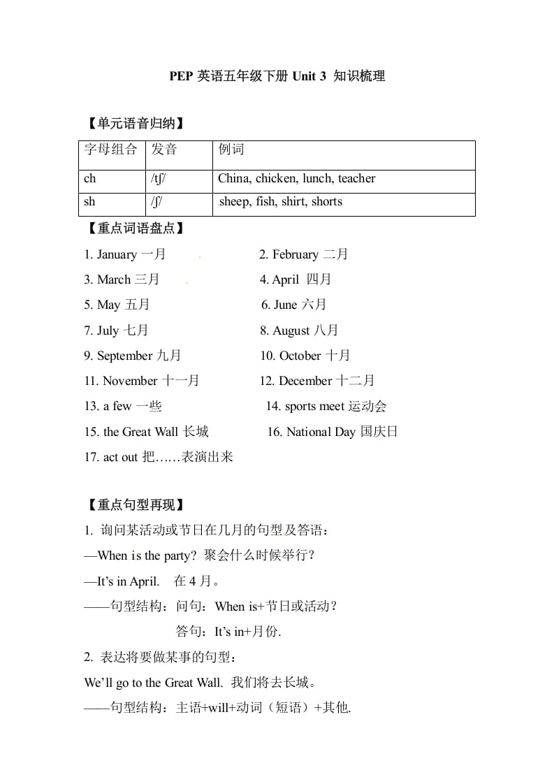 五年级数学下册英语单元知识梳理-Unit3Myschoolcalendar人教PEP-知识笔记