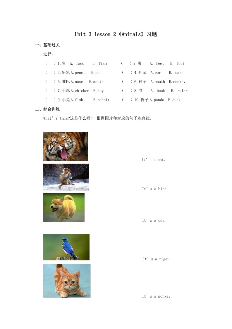 一年级英语上册Animals习题2（人教一起点）-知识笔记