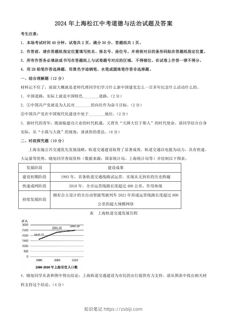 2024年上海松江中考道德与法治试题及答案(Word版)-知识笔记