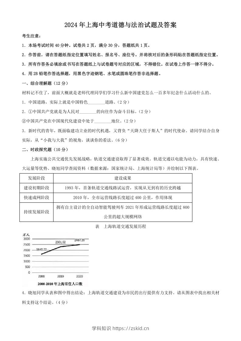 2024年上海中考道德与法治试题及答案(Word版)-知识笔记